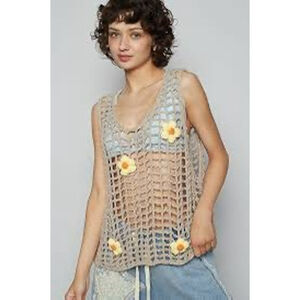 POL Crochet Knit Tank Top Tan/Yellow Size L